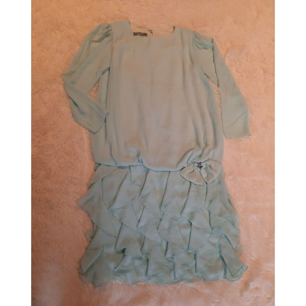 Justin David New York Ruffled Aqua Blue Dress Long Sleeve Sz 12